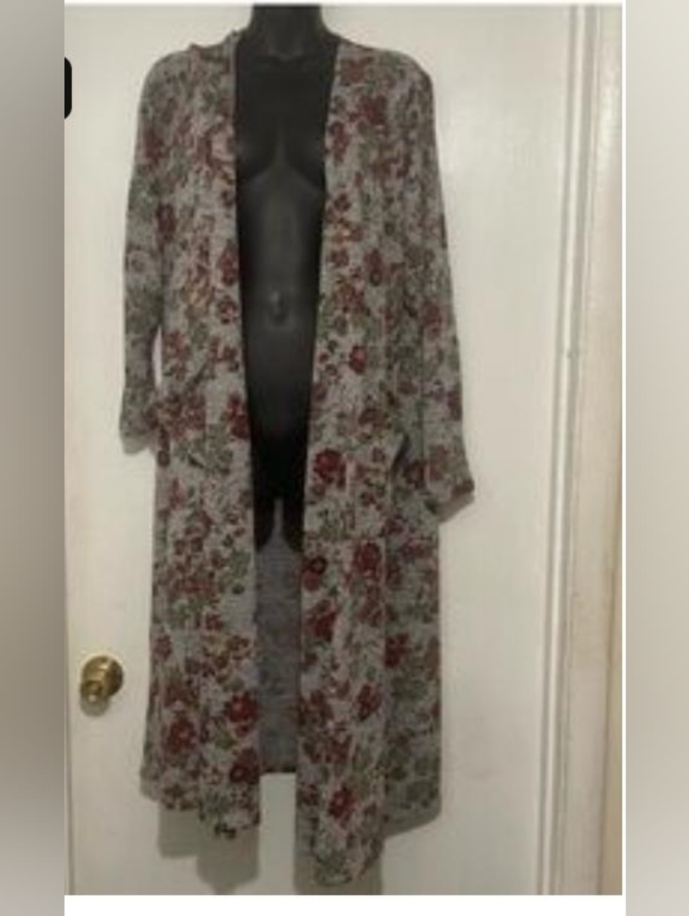 Floral Open Front Long Cardigan - Gray with Red Floral Print